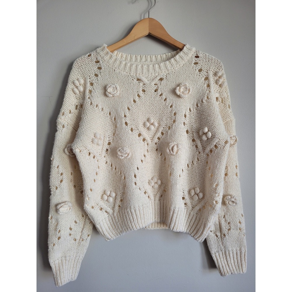 Dreamers by Debut Ivory Floral Rosette Pointelle Knit Sweater Womens ML CA9620-R